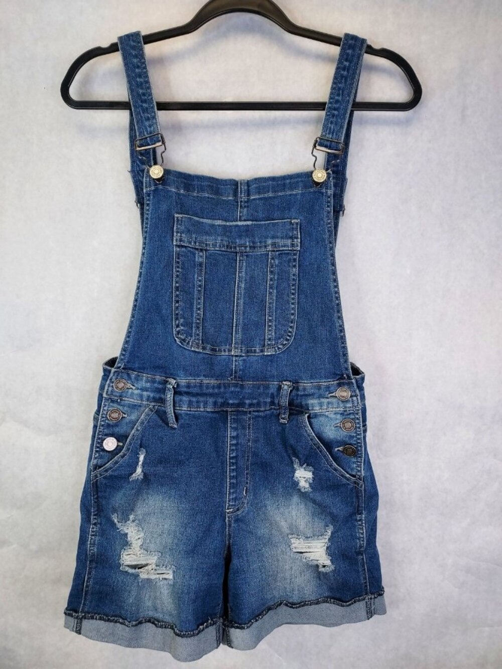 KanCan Bib Overalls Women's S Blue Denim Shortall Distressed Shorts Y2K Retro